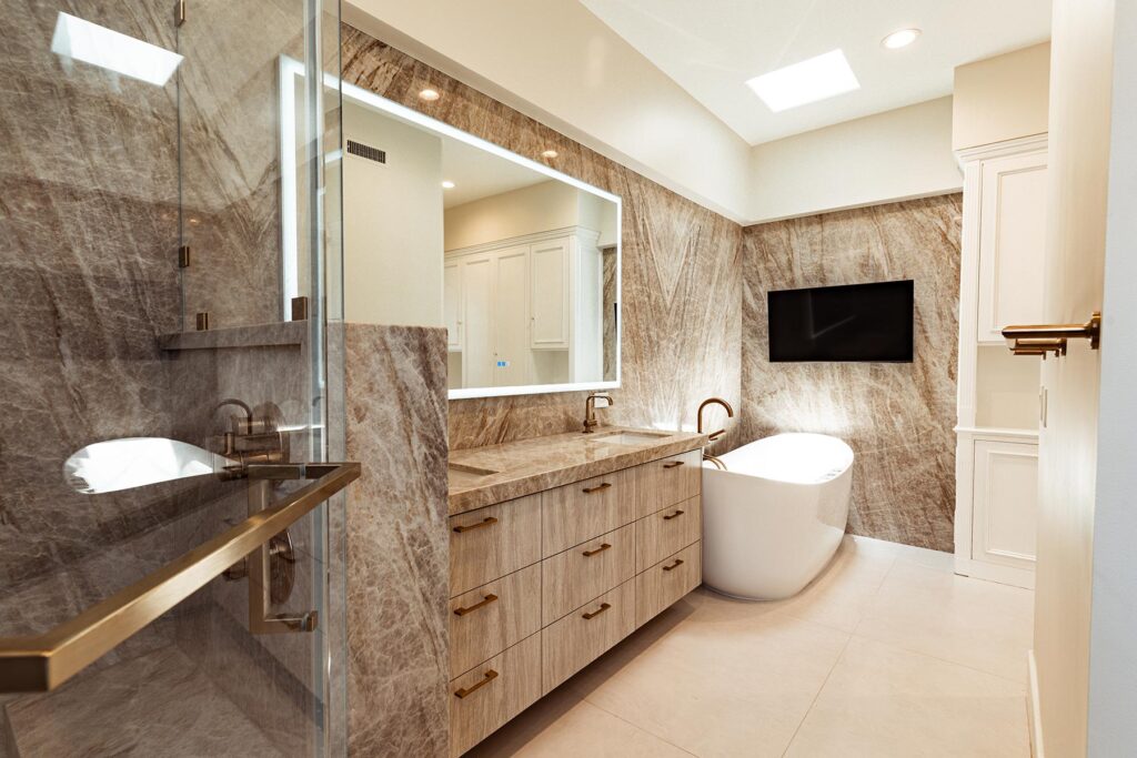 Coronado Bathroom Renovation Showcases Floating Cabinets and Natural Stone Highlights